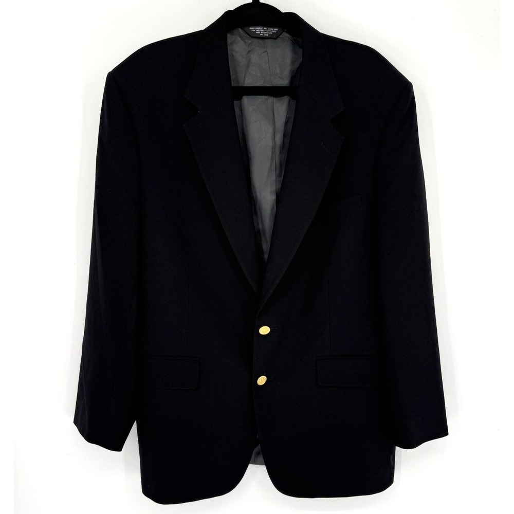 Biltwell Sport Coat Mens 44R Black‎ Worsted Wool Gold Crest Buttons 2-Button